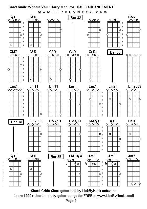 Chord Grids Chart of chord melody fingerstyle guitar song-Can't Smile Without You - Barry Manilow - BASIC ARRANGEMENT,generated by LickByNeck software.